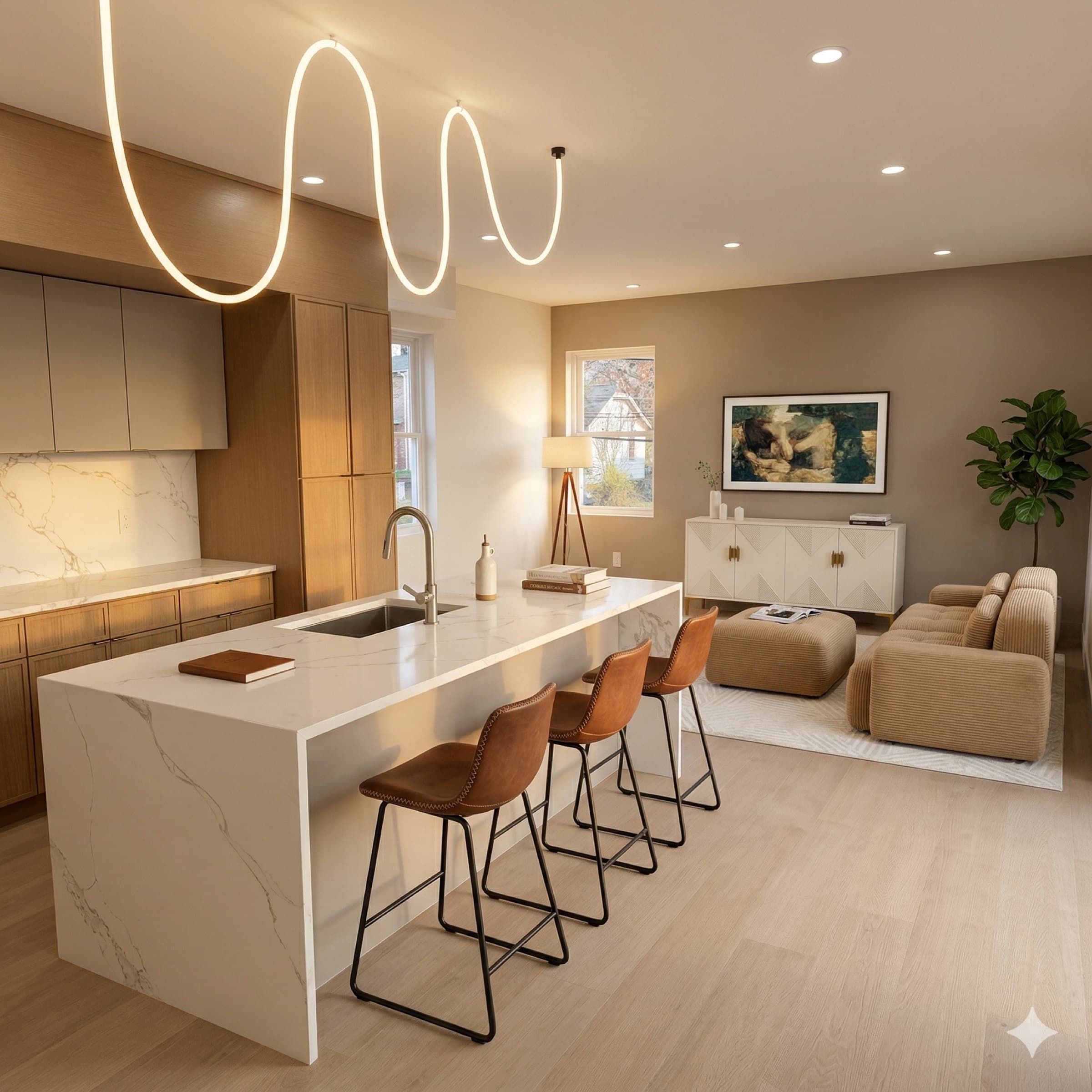 The Veyrai at Shadyside — open kitchen with marble waterfall island, wood cabinets, and warm pendant lighting